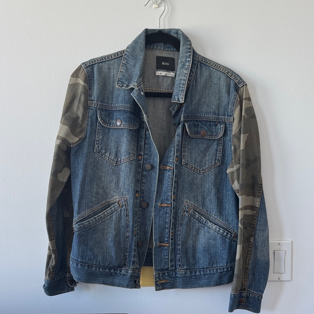 BDG Blue Denim Jacket with Camouflage Sleeves